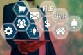 Word writing text File Server. Business concept for device which controls access to separately stored data Grids and Royalty Free Stock Photo
