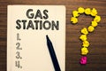 Word writing text Gas Station. Business concept for for servicing motor vehicles especially with gasoline and oil Notebook marker