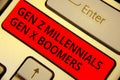 Word writing text Gen Z Millennials Gen X Boomers. Business concept for Generational differences Old Young people Keyboard red key