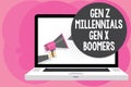 Word writing text Gen Z Millennials Gen X Boomers. Business concept for Generational differences Old Young people Man holding Mega