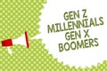 Word writing text Gen Z Millennials Gen X Boomers. Business concept for Generational differences Old Young people Megaphone loudsp