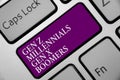 Word writing text Gen Z Millennials Gen X Boomers. Business concept for Generational differences Old Young people Keyboard purple