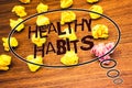 Word writing text Healthy Habits. Business concept for Good nutrition diet take care of oneself Weight Control Text wood desk crum Royalty Free Stock Photo