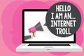 Word writing text Hello I Am An ... Internet Troll. Business concept for Social media troubles discussions arguments Man holding M