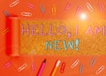 Word writing text Hello I Am New. Business concept for introducing oneself in a group as fresh worker or student Stationary and