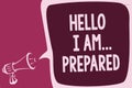 Word writing text Hello I Am... Prepared. Business concept for introduce yourself to someone as you are ready Reporting thinking a