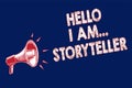 Word writing text Hello I Am... Storyteller. Business concept for introducing yourself as novels article writer Megaphone loudspea