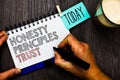 Word writing text Honesty Principles Trust. Business concept for believing someone words for granted Telling truth Man holding mar Royalty Free Stock Photo