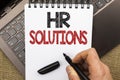 Word writing text Hr Solutions. Business concept for Recruitment Solution Consulting Management Solving Onboarding written by Man