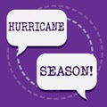 Word writing text Hurricane Season. Business concept for time when most tropical cyclones are expected to develop Two