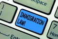 Word writing text Immigration Law. Business concept for National Regulations for immigrants Deportation rules Keyboard