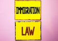 Word writing text Immigration Law. Business concept for National Regulations for immigrants Deportation rules written on Yellow St