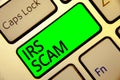 Word writing text Irs Scam. Business concept for targeted taxpayers by pretending to be Internal Revenue Service Keyboard red key Royalty Free Stock Photo