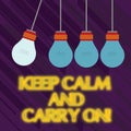 Word writing text Keep Calm And Carry On. Business concept for slogan calling for persistence face of challenge Color