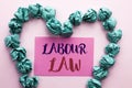 Word writing text Labour Law. Business concept for Employment Rules Worker Rights Obligations Legislation Union written on Pink St