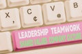 Word writing text Leadership Teamwork Shared Values Company Culture. Business concept for Group Team Success White pc