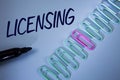 Word writing text Licensing. Business concept for Grant a license Legally permit the use of something Allow activity written on Pl Royalty Free Stock Photo