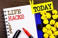 Word, writing, text Life Hacks. Business concept for Solution Hacking Hack Trick To Help Efficiency written on notebook book pape