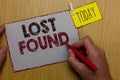 Word writing text Lost Found. Business concept for Things that are left behind and may retrieve to the owner Man holding marker pa