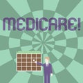 Word writing text Medicare. Business concept for Federal health insurance for showing above 65 or with disabilities