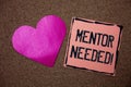 Word writing text Mentor Needed Motivational Call. Business concept for Guidance advice support training required Love heart stick Royalty Free Stock Photo