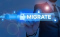 Word writing text Migrate. Business concept for to move or travel from one country place or locality to another Royalty Free Stock Photo