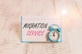 Word writing text Migration Service. Business concept for moving of company data to a cloud service providers Mini blue alarm Royalty Free Stock Photo