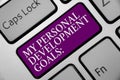 Word writing text My Personal Development Goals. Business concept for Desires Wishes Career Business planning Keyboard purple key Royalty Free Stock Photo