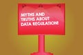 Word writing text Myths And Truths About Data Regulation. Business concept for Media information protection sayings Blank Lamp