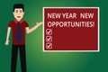 Word writing text New Year New Opportunities. Business concept for Fresh start Motivation inspiration 365 days Man with