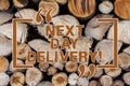 Word writing text Next Day Delivery. Business concept for service allows you have goods delivered day after order Wooden