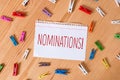 Word writing text Nominations. Business concept for action of nominating or state being nominated for prize Colored