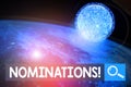 Word writing text Nominations. Business concept for action of nominating or state being nominated for prize Elements of