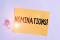 Word writing text Nominations. Business concept for action of nominating or state being nominated for prize Plain cardboard and