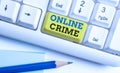 Word writing text Online Crime. Business concept for crime or illegal online activity committed on the Internet White pc Royalty Free Stock Photo