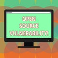 Word writing text Open Source Vulnerability. Business concept for Publicized Exploits are open to malicious users Blank Computer Royalty Free Stock Photo
