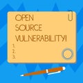 Word writing text Open Source Vulnerability. Business concept for Publicized Exploits are open to malicious users Blank Royalty Free Stock Photo