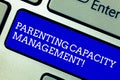 Word writing text Parenting Capacity Management. Business concept for parents ability to protect children from risk