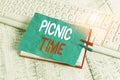 Word writing text Picnic Time. Business concept for period where meal taken outdoors as part of an excursion notebook