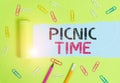 Word writing text Picnic Time. Business concept for period where meal taken outdoors as part of an excursion Stationary