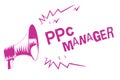 Word writing text Ppc Manager. Business concept for which advertisers pay fee each time one of their ads is clicked Purple megapho