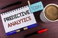 Word writing text Predictive Analytics. Business concept for Method to forecast Performance Statistical Analysis written on Notepa Royalty Free Stock Photo