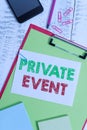 Word writing text Private Event. Business concept for Exclusive Reservations RSVP Invitational Seated Clipboard sheet