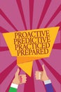 Word writing text Proactive Predictive Practiced Prepared. Business concept for Preparation Strategies Management Man woman hands