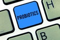 Word writing text Probiotics. Business concept for Live bacteria Microorganism hosted into the body for its benefits