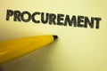 Word writing text Procurement. Business concept for Obtaining Procuring Something Purchase of equipment and supplies written on pl Royalty Free Stock Photo