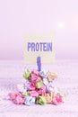 Word writing text Protein. Business concept for the low in fat or carbohydrate consumption weight loss plan Reminder