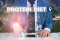 Word writing text Protein Diet. Business concept for low in fat or carbohydrate consumption weight loss plan Male human