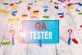 Word writing text Qa Tester. Business concept for Quality assurance of an on going project before implementation Royalty Free Stock Photo
