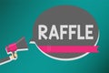 Word writing text Raffle. Business concept for means of raising money by selling numbered tickets offer as prize Man holding megap